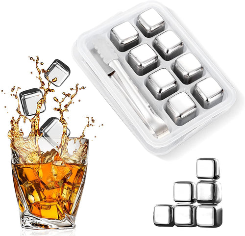 Set of 8 Stainless Steel Ice Cubes 1 inch Whiskey Stones Reusable Ice Cubes+Tong