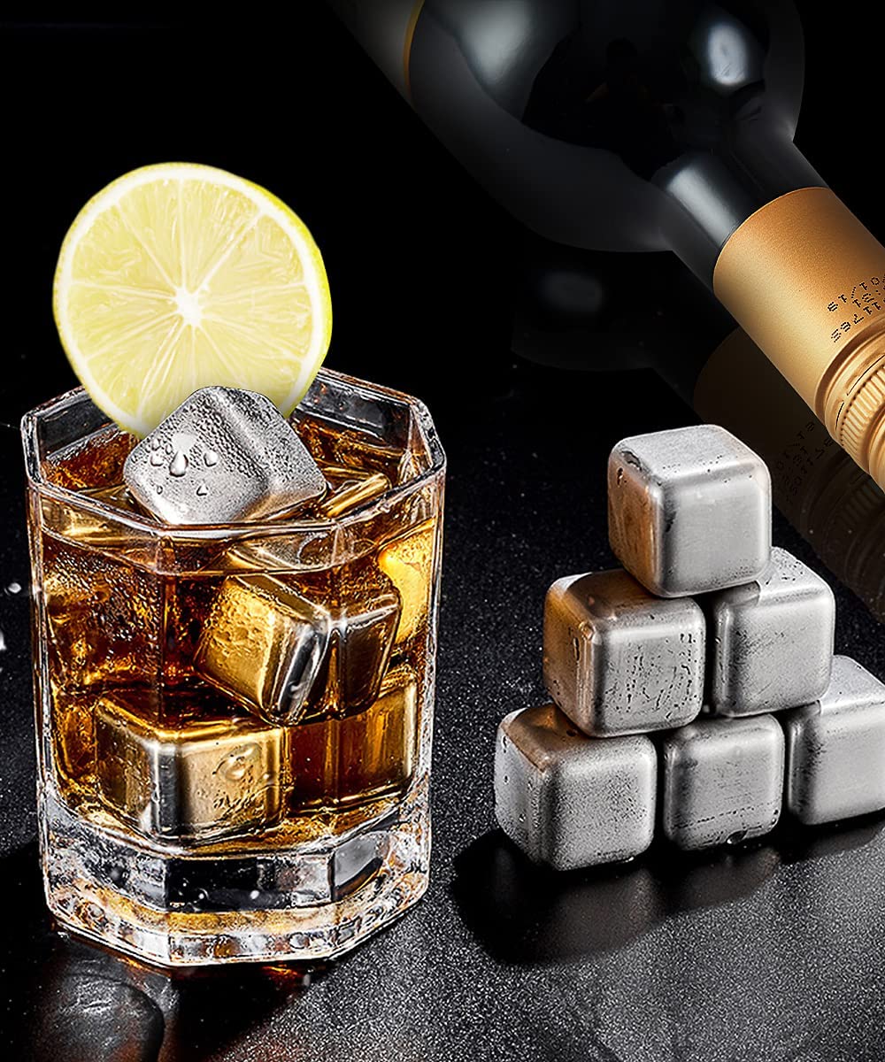 Set of 8 Stainless Steel Ice Cubes 1 inch Whiskey Stones Reusable Ice Cubes+Tong by WLRCo