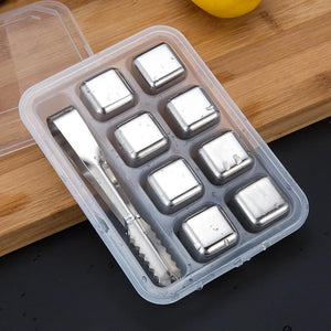 Set of 8 Stainless Steel Ice Cubes 1 inch Whiskey Stones Reusable Ice Cubes+Tong